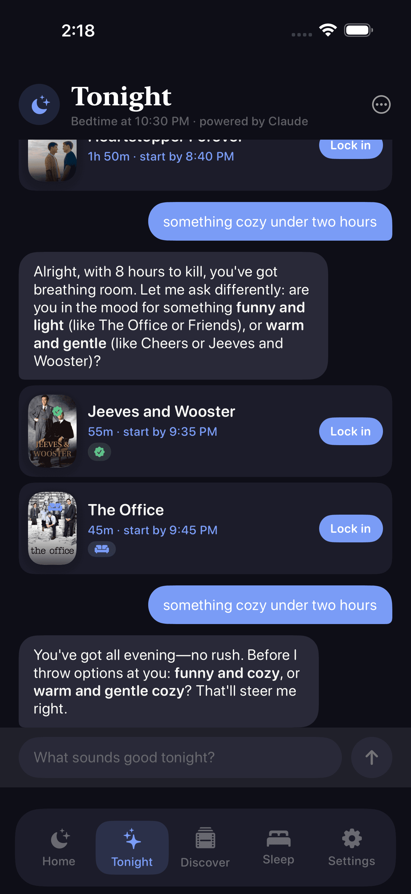 WindDown Tonight companion chat suggesting something to watch based on a mood description