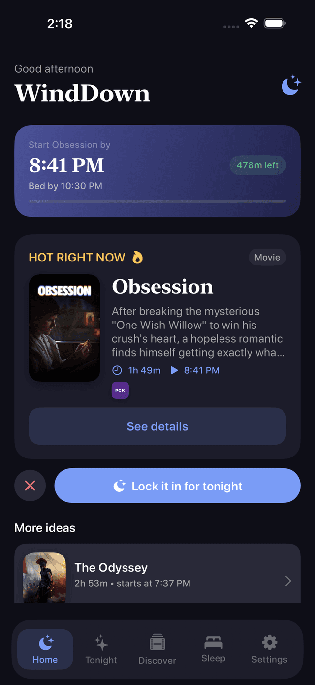 WindDown home screen showing tonight's pick and the exact time to start it
